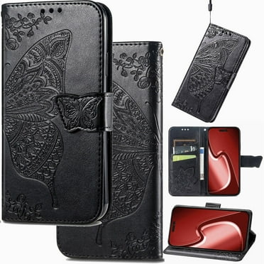 for iPhone 8/7/6/SE Leather Wallet Phone Case, Butterfly Flower Relief Folio Flip Cover, Floral Card Holder Cash Slot, Magnetic Clasp, Stand Support, Wrist Strap Lanyard