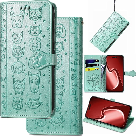 for iPhone 8/7/6/SE Phone Leather Case, Relief Cartoon Cat Dog Folio Flip Cover, Card Holder Cash Slot, Magnetic Cute Cat Paw Clasp, Hand Wrist Strap, Stand Support