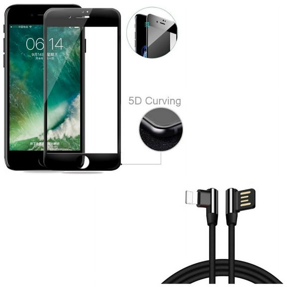 iPhone 8/7/6S/6 - 10ft Angle USB Cable w Tempered Glass Screen Protector - Charger Cord Power Wire Sync 90 Degree, 5D Touch Curved Edge Full Cover Bubble Free Case Friendly for iPhone 8/7/6S/6