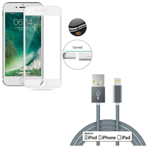 iPhone 8/7/6S/6 - 10ft MFi USB Cable w Tempered Glass Screen Protector - Certified Charger Cord Power Wire Braided, 4D Touch Curved Edge Full Cover Bubble Free Case Friendly for iPhone 8/7/6S/6