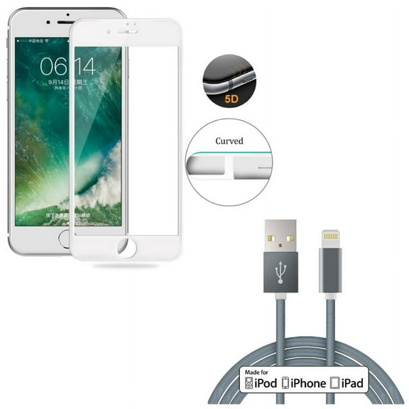 iPhone 8/7/6S/6 - 10ft MFi USB Cable w Tempered Glass Screen Protector - Certified Charger Cord Power Wire Braided, 5D Touch Curved Edge Full Cover Bubble Free Case Friendly for iPhone 8/7/6S/6