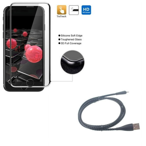 iPhone 8/7/6S/6 - 3ft Metal USB Cable w Tempered Glass Screen Protector - Charger Cord Power Wire Braided Sync, 3D Curved Edge Full Cover HD Clear 9H Hardness for iPhone 8/7/6S/6
