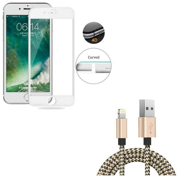 iPhone 8/7/6S/6 - 6ft USB Cable w Tempered Glass Screen Protector - Charger Cord Power Wire Sync, 4D Touch Curved Edge Full Cover Bubble Free Case Friendly for iPhone 8/7/6S/6