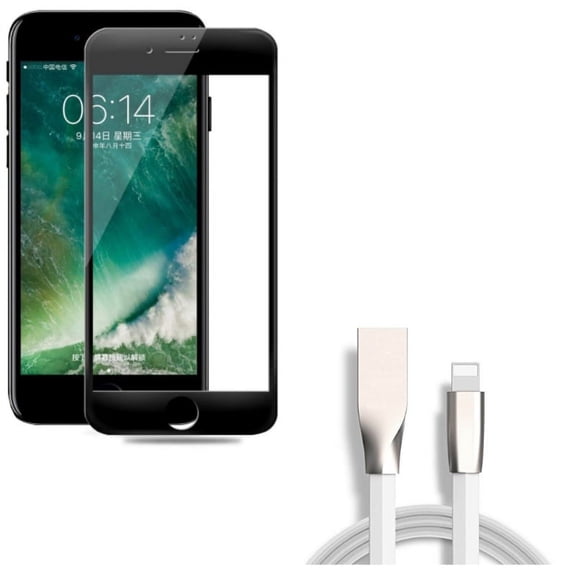 iPhone 8/7/6S/6 - Ceramics Screen Protector w 6ft USB Cable - Matte Black 3D Curved Edge Full Cover Anti Glare, Flat Charger Cord Power Wire Sync for iPhone 8/7/6S/6