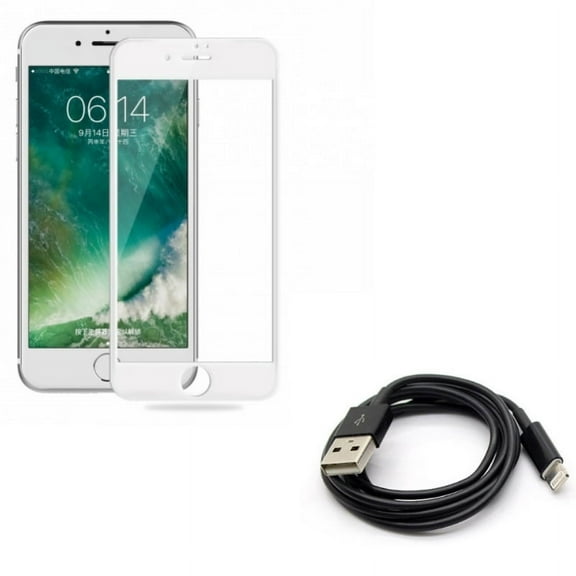 iPhone 8/7/6S/6 - Ceramics Screen Protector w Charger Cord USB Cable - Matte White 3D Curved Edge Full Cover Anti Glare, Power Wire Sync Fast Charge Data for iPhone 8/7/6S/6