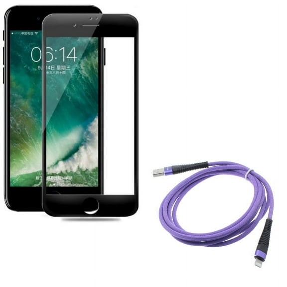 iPhone 8/7/6S/6 - Ceramics Screen Protector w Purple 6ft USB Cable - Matte Black 3D Curved Edge Full Cover Anti Glare, Charger Cord Power Wire Braided Long for iPhone 8/7/6S/6