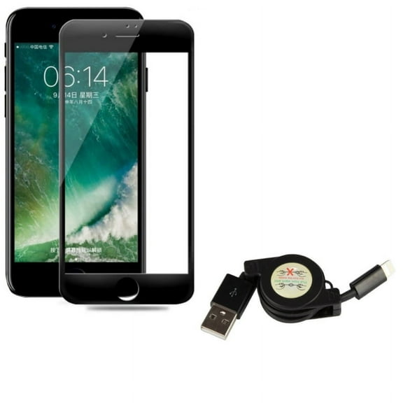 iPhone 8/7/6S/6 - Ceramics Screen Protector w Retractable USB Cable - Matte Black 3D Curved Edge Full Cover Anti Glare, Charger Power Cord Sync Wire for iPhone 8/7/6S/6