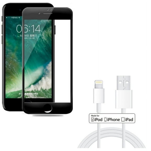 iPhone 8/7/6S/6 - Certified 6ft MFi USB Cable w Ceramics Screen Protector - Charger Cord Power Wire Sync Long, Matte Black 3D Curved Edge Full Cover Anti Glare for iPhone 8/7/6S/6