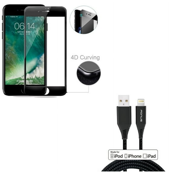 iPhone 8/7/6S/6 - Certified 6ft MFi USB Cable w Tempered Glass Screen Protector - Charger Cord Power Wire Braided Long, 4D Touch Curved Edge Full Cover Bubble Free Case Friendly for iPhone 8/7/6S/6