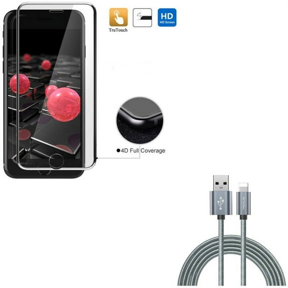 iPhone 8/7/6S/6 - Charger Cord 10ft USB Cable w Tempered Glass Screen Protector - Power Wire Braided Long Sync, 4D Touch Curved Edge Full Cover Bubble Free Soft Edge Hybrid for iPhone 8/7/6S/6