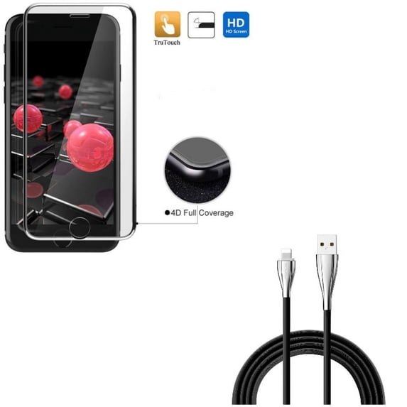 iPhone 8/7/6S/6 - Charger Cord 10ft USB Cable w Tempered Glass Screen Protector - Power Wire Long Sync Fast Charge, 4D Touch Curved Edge Full Cover Bubble Free Soft Edge Hybrid for iPhone 8/7/6S/6