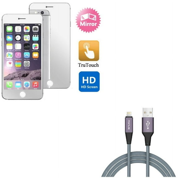 iPhone 8/7/6S/6 - Charger Cord 6ft USB Cable w Mirror Screen Protector - Power Wire Braided Long Sync, Film Display Cover for iPhone 8/7/6S/6