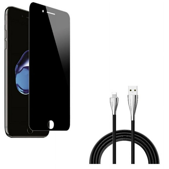 iPhone 8/7/6S/6 - Charger Cord 6ft USB Cable w Tempered Glass Privacy Screen Protector - Power Wire Long Sync Fast Charge, Curved Anti-Spy Anti-Peep 3D Edge Case Friendly for iPhone 8/7/6S/6