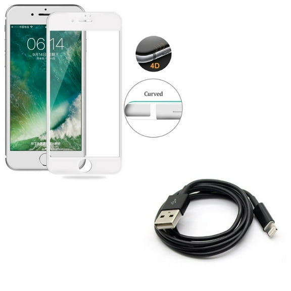 iPhone 8/7/6S/6 - Charger Cord 6ft USB Cable w Tempered Glass Screen Protector - Power Wire Long Sync Fast Charge, 4D Touch Curved Edge Full Cover Bubble Free Case Friendly for iPhone 8/7/6S/6