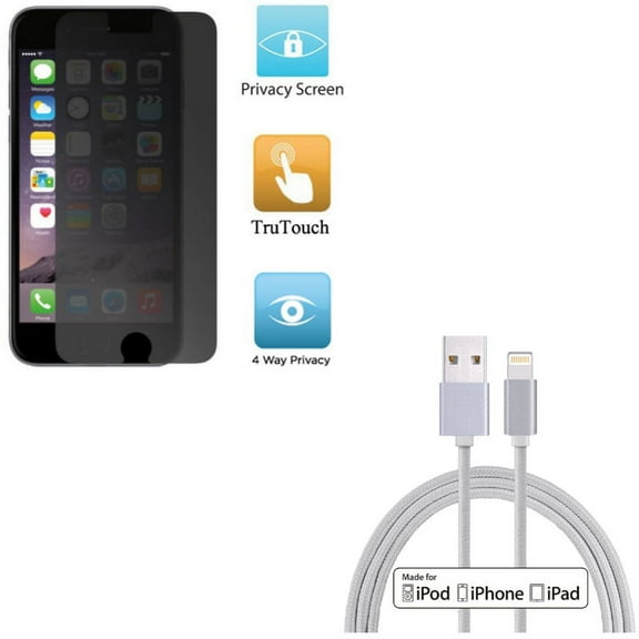 iPhone 8/7/6S/6 - Privacy Screen Protector w 6ft MFi USB Cable - Film TPU Anti-Peep Anti-Spy, Certified Charger Cord Power Wire Braided for iPhone 8/7/6S/6