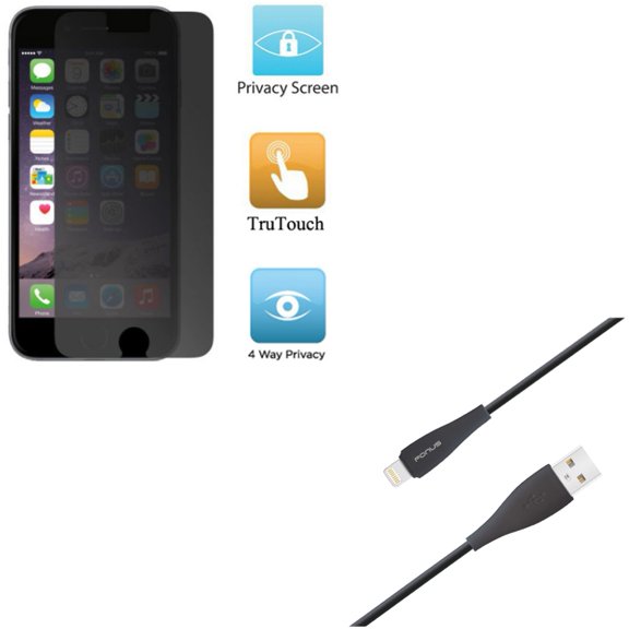iPhone 8/7/6S/6 - Privacy Screen Protector w Charger Cord 6ft USB Cable - Film TPU Anti-Peep Anti-Spy, Power Wire Long Sync Fast Charge for iPhone 8/7/6S/6