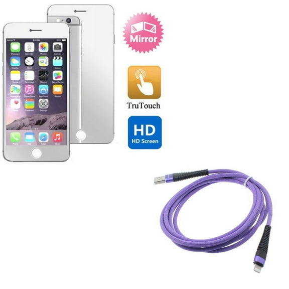 iPhone 8/7/6S/6 - Purple 6ft USB Cable w Mirror Screen Protector - Charger Cord Power Wire Braided Long, Film Display Cover for iPhone 8/7/6S/6
