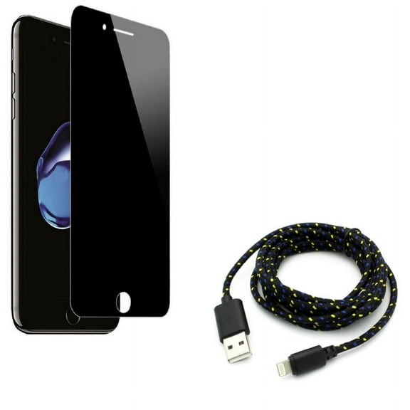 iPhone 8/7/6S/6 - Tempered Glass Privacy Screen Protector w Charger Cord 6ft USB Cable - Curved Anti-Spy Anti-Peep 3D Edge Case Friendly, Power Wire Braided Long Sync for iPhone 8/7/6S/6
