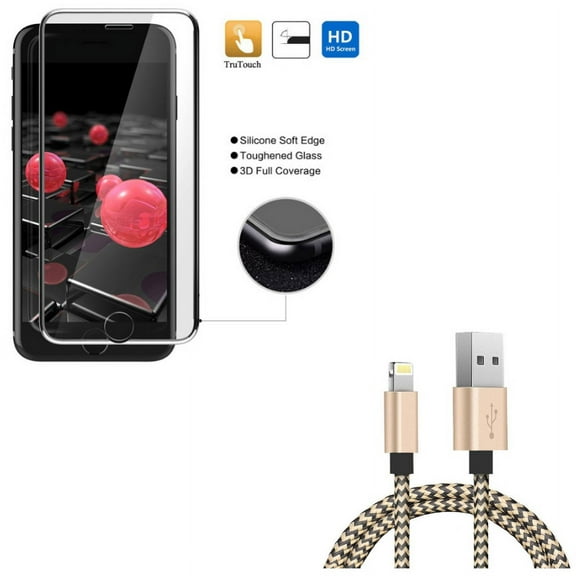 iPhone 8/7/6S/6 - Tempered Glass Screen Protector w 3ft USB Cable - 3D Curved Edge Full Cover HD Clear 9H Hardness, Charger Cord Power Wire Sync for iPhone 8/7/6S/6