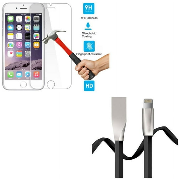 iPhone 8/7/6S/6 - Tempered Glass Screen Protector w 6ft USB Cable - HD Clear 2.5D Round Edges Display Cover Guard, Flat Charger Cord Power Wire Sync for iPhone 8/7/6S/6
