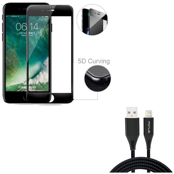 iPhone 8/7/6S/6 - Tempered Glass Screen Protector w Charger Cord 10ft USB Cable - 5D Touch Curved Edge Full Cover Bubble Free Case Friendly, Power Wire Braided Long Sync for iPhone 8/7/6S/6