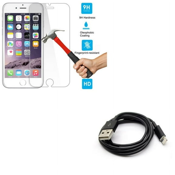 iPhone 8/7/6S/6 - Tempered Glass Screen Protector w Charger Cord 6ft USB Cable - HD Clear 2.5D Round Edges Display Cover Guard, Power Wire Long Sync Fast Charge for iPhone 8/7/6S/6