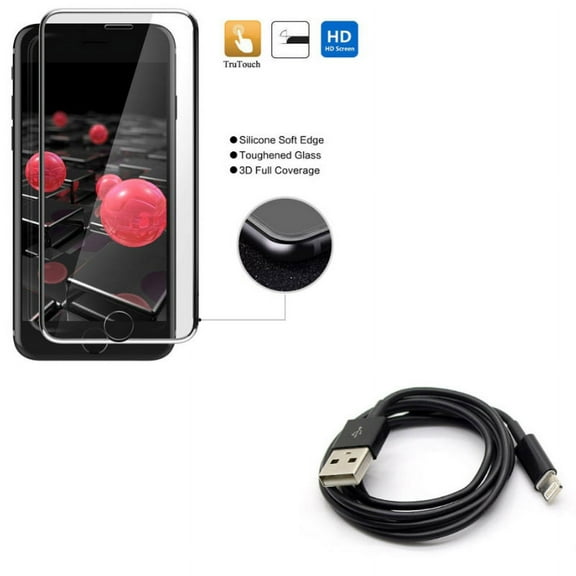 iPhone 8/7/6S/6 - Tempered Glass Screen Protector w Charger Cord USB Cable - 3D Curved Edge Full Cover HD Clear 9H Hardness, Power Wire Sync Fast Charge Data for iPhone 8/7/6S/6