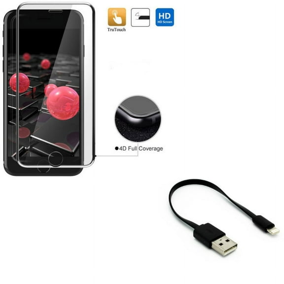 iPhone 8/7/6S/6 - Tempered Glass Screen Protector w Charger Short USB Cable - 4D Touch Curved Edge Full Cover Bubble Free Soft Edge Hybrid, Cord Power Wire Fast Charge Sync for iPhone 8/7/6S/6