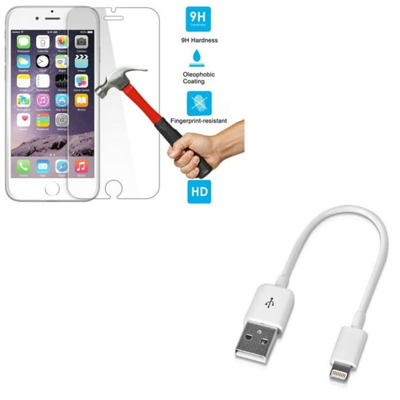 iPhone 8/7/6S/6 - Tempered Glass Screen Protector w Charger Short USB Cable - HD Clear 2.5D Round Edges Display Cover Guard, Cord Power Wire Fast Charge Sync for iPhone 8/7/6S/6