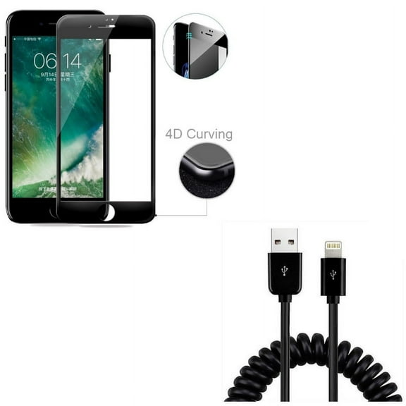 iPhone 8/7/6S/6 - Tempered Glass Screen Protector w Coiled USB Cable - 4D Touch Curved Edge Full Cover Bubble Free Case Friendly, Charger Cord Power Sync Wire for iPhone 8/7/6S/6