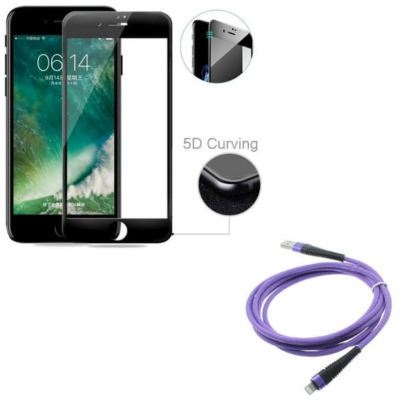 iPhone 8/7/6S/6 - Tempered Glass Screen Protector w Purple 10ft USB Cable - 5D Touch Curved Edge Full Cover Bubble Free Case Friendly, Charger Cord Power Wire Braided Long for iPhone 8/7/6S/6