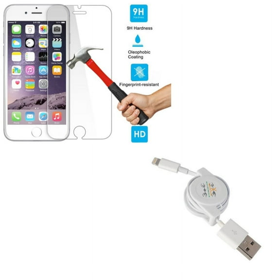 iPhone 8/7/6S/6 - Tempered Glass Screen Protector w Retractable USB Cable - HD Clear 2.5D Round Edges Display Cover Guard, Charger Power Cord Sync Wire for iPhone 8/7/6S/6