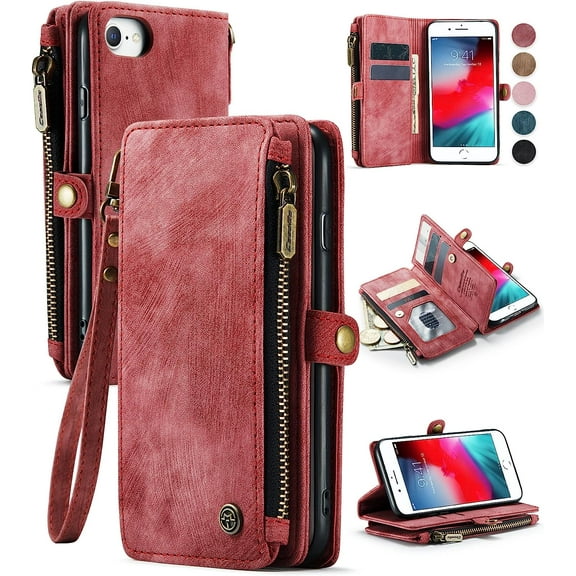 iPhone 8/7/SE 2020/SE 2022 Case, iPhone SE 2022 Wallet Case for Women Men, Durable PU Leather Flip Strap Wristlet Zipper Card Holder Phone Case for iPhone SE 3rd Generation 2022/2020, Red