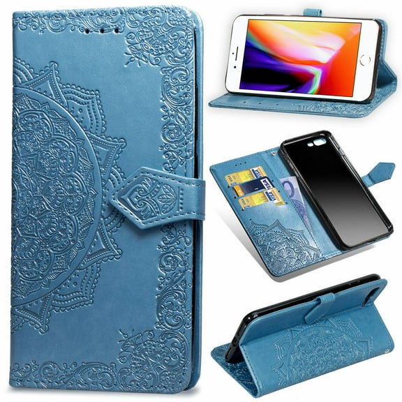 iPhone 8+ 7+ Wallet Cases and Covers, Allytech Slim Premium PU Flip Stand Cover Mandala Embossed Full Body Protection with Card Holder Magnetic Closure for iPhone 8 Plus 7 Plus, Blue