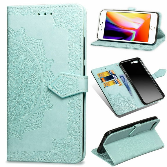 iPhone 8+ 7+ Wallet Cases and Covers, Allytech Slim Premium PU Flip Stand Cover Mandala Embossed Full Body Protection with Card Holder Magnetic Closure for iPhone 8 Plus 7 Plus, Green