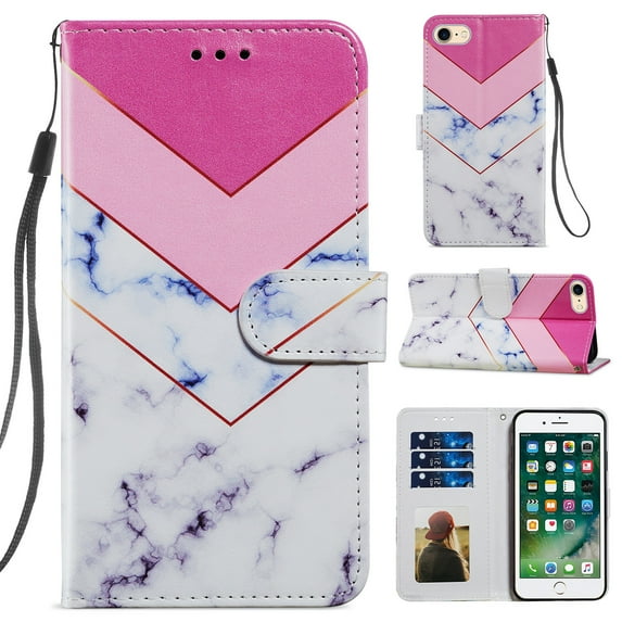 iPhone 8 Case 4.7 inch, iPhone 7 Cover, iPhone SE 2020 2nd Gen Cover with Card Holder, Allytech Stand PU Leather Folio Flip Protective Case with Hand Strap for iPhone 7/8/SE 2020, Pink White Marble