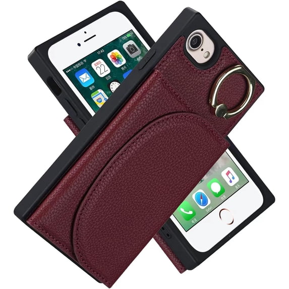 for iPhone 8 Case with Card Holder and Ring,for iPhone 8 Wallet Case for Women,Ring Stand,Magnetic Closure Phone Cases for for iPhone 7/8/SE 2020/SE 2022(Wine Red)