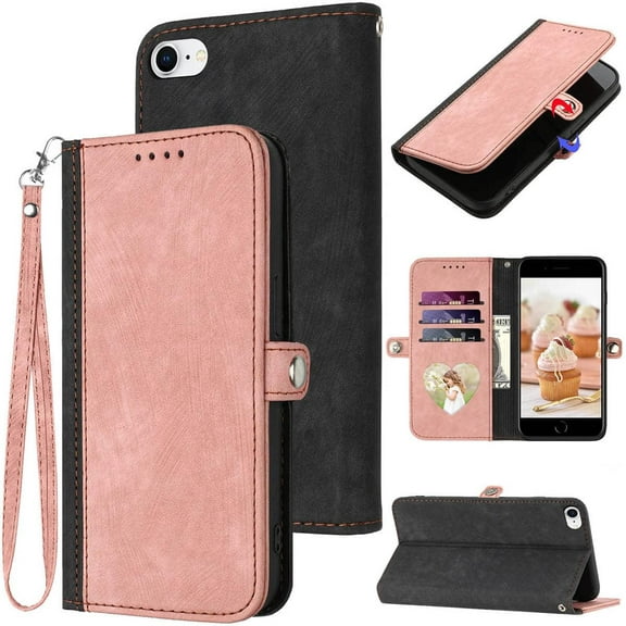 for iPhone 8 Case Wallet/iPhone 7 Case,for iPhone SE 2020/iPhone SE 3rd Gen Case,6/6S Flip Cases,Magnetic Leather Stand,RFID-Blocking Card Holder,Strap,Shockproof Protective Cover (Pink)