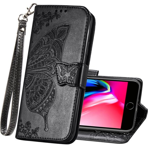 for iPhone 8 Case,iPhone 7 Case,iPhone SE 2022 Case,iPhone SE 2020 Case,Wallet Flip Protective Phone Case Wrist Strap Credit Card Holder Pocket Emboss Butterfly Flower Kickstand Cover Black