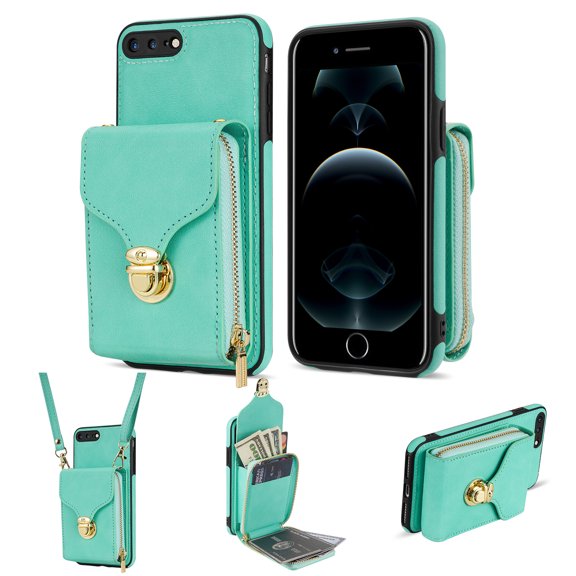 iPhone 8 Plus / 7 Plus Luxury Leather Case with Card Holder for Women Case Wallet with Strap Credit Card Slots Crossbody Strap with Kickstand Zipper Shockproof Case For iPhone 8 Plus / 7 Plus,Mint