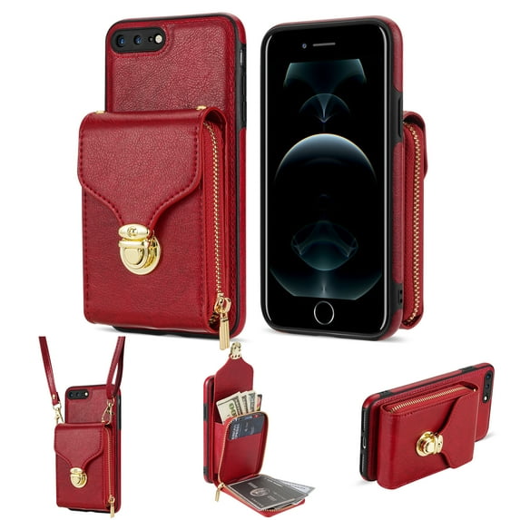 iPhone 8 Plus / 7 Plus Luxury Leather Case with Card Holder for Women Case Wallet with Strap Credit Card Slots Crossbody Strap with Kickstand Zipper Shockproof Case For iPhone 8 Plus / 7 Plus,Red