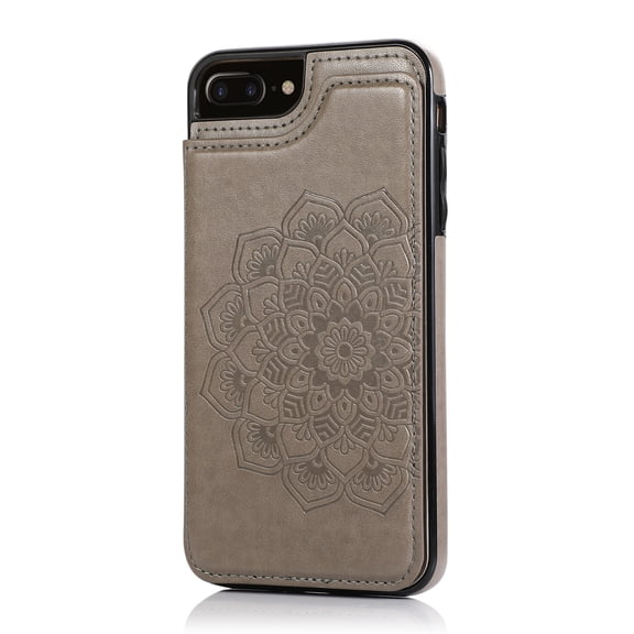 For iPhone 8 Plus/7 Plus Case with Card Holder, Cute Mandala Embossed PU Leather Wallet Case, Back Magnetic Snap Flip Folio Cover with Kickstand Shockproof Protection Slim Cover,Gray