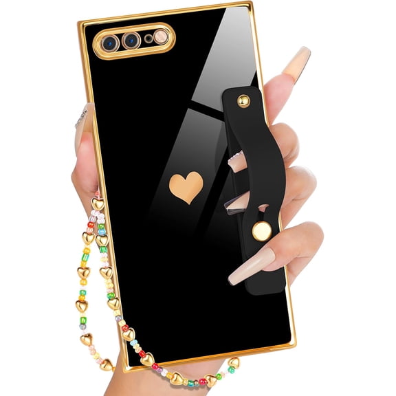 for iPhone 8 Plus/7 Plus Case with Loopy Stand/Strap, Luxury Cute Women Girls Heart Electroplated Designer Squared Edge Phone Cases for 7/8 Plus, Black