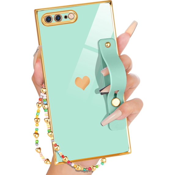 for iPhone 8 Plus/7 Plus Case with Loopy Stand/Strap, Luxury Cute Women Girls Heart Electroplated Designer Squared Edge Phone Cases for 7/8 Plus, Mint Green