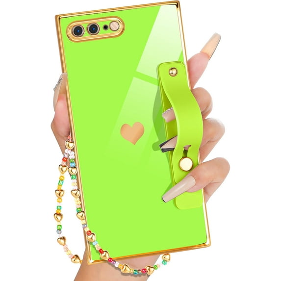 for iPhone 8 Plus/7 Plus Case with Loopy Stand/Strap, Luxury Cute Women Girls Heart Electroplated Designer Squared Edge Phone Cases for 7/8 Plus, Neon Green