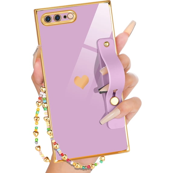 for iPhone 8 Plus/7 Plus Case with Loopy Stand/Strap, Luxury Cute Women Girls Heart Electroplated Designer Squared Edge Phone Cases for 7/8 Plus, Purple