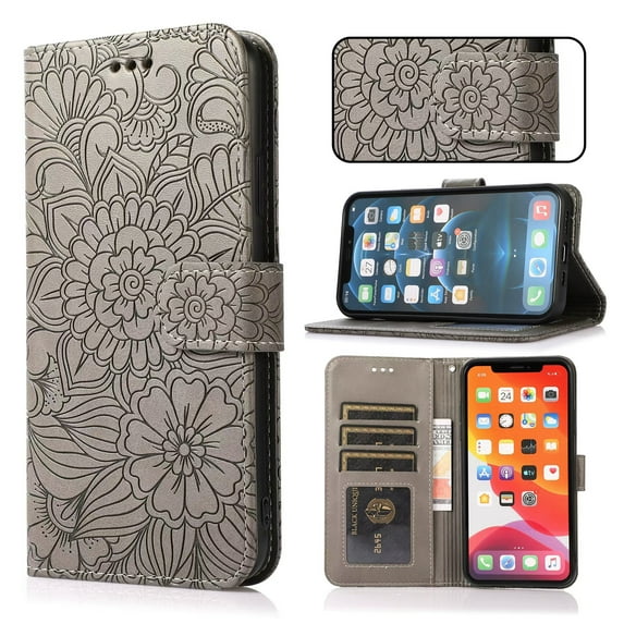 For iPhone 8 Plus/7 Plus Case, Premium Leather Magnetic Closure Flip Wallet Case with Card Holder Cash Slot Stand Function Embossed Flower Pattern Slim Shockproof Lanyard/Strap Cover,Gray