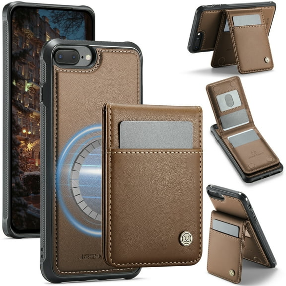 for iPhone 8 Plus/7 Plus Case with RFID Blocking Card Holder iPhone 8 Plus/7 Plus Case Magsafe Compatible Phone case Kickstand Wallet 2 in 1 Detachable Magnetic Leather Cover for Men Women, Brown