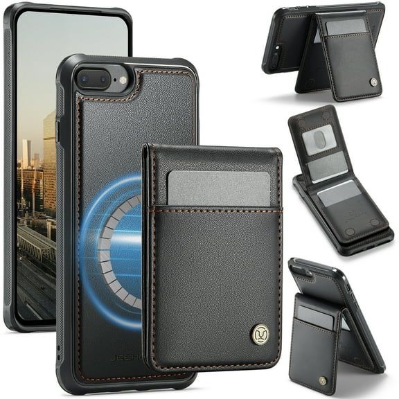 for iPhone 8 Plus/7 Plus Case with RFID Blocking Card Holder iPhone 8 Plus/7 Plus Case Magsafe Compatible Phone case Kickstand Wallet 2 in 1 Detachable Magnetic Leather Cover for Men Women, Black