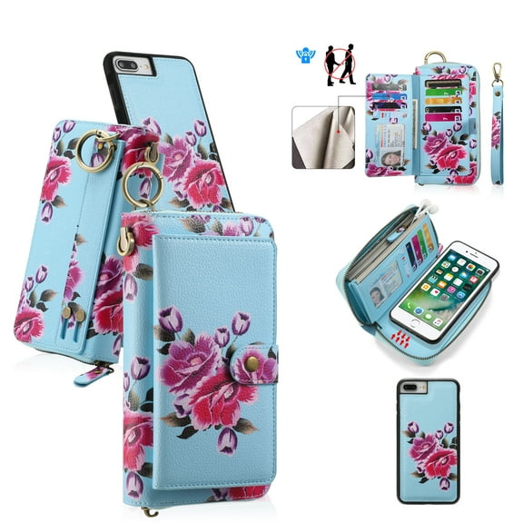 For iPhone 8 Plus / 7 Plus Case with RFID Blocking Card Slots and Wrist Strap,[Compatible with MagSafe] Zipper Pocket Magnetic [Detachable Wallet] Flip Kickstand Cover with Ring Hook,Skyblue
